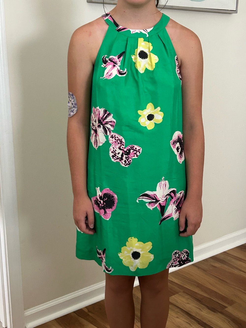 J. Crew Green Floral Halter Dress with Pink & Yellow Accents